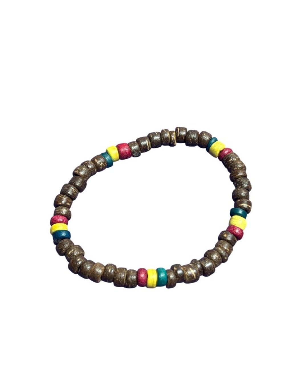 Coconut Shell and Colorful Wooden Beaded Stretchy Bracelet Unstretched